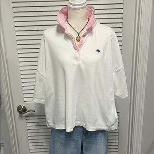 Sewing Down South White Polo with Pink Twill Collar and Drop Sleeves